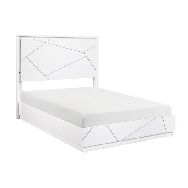 English Elm Glamorous White Lacquer California King Bed with Led Headboard and Geometric Accents B011S02214