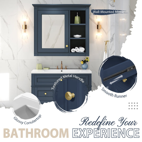 English Elm 30'' Modern Bathroom Vanity with Integrated Mirror Cabinet, Ceramic Sink, 3 Drawers & Ample Storage Blue SW000126AAC-1
