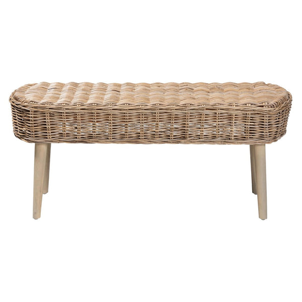 English Elm Modern Bohemian Woven Rattan Seat Mahogany Frame Entryway Bedroom Accent Bench B2750P467719