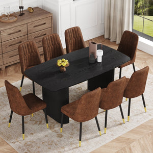 English Elm Table Set: Elegant Black Wood-Grain Dining Table With 8 Comfortable Brown Techno-Fabric Chairs W1151S04170-GIGA
