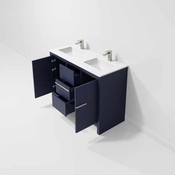 English Elm Navy Blue Double Vanity With White Quartz Top & Gun Metal Faucet - Stylish Storage For Your Bath B2731P259391