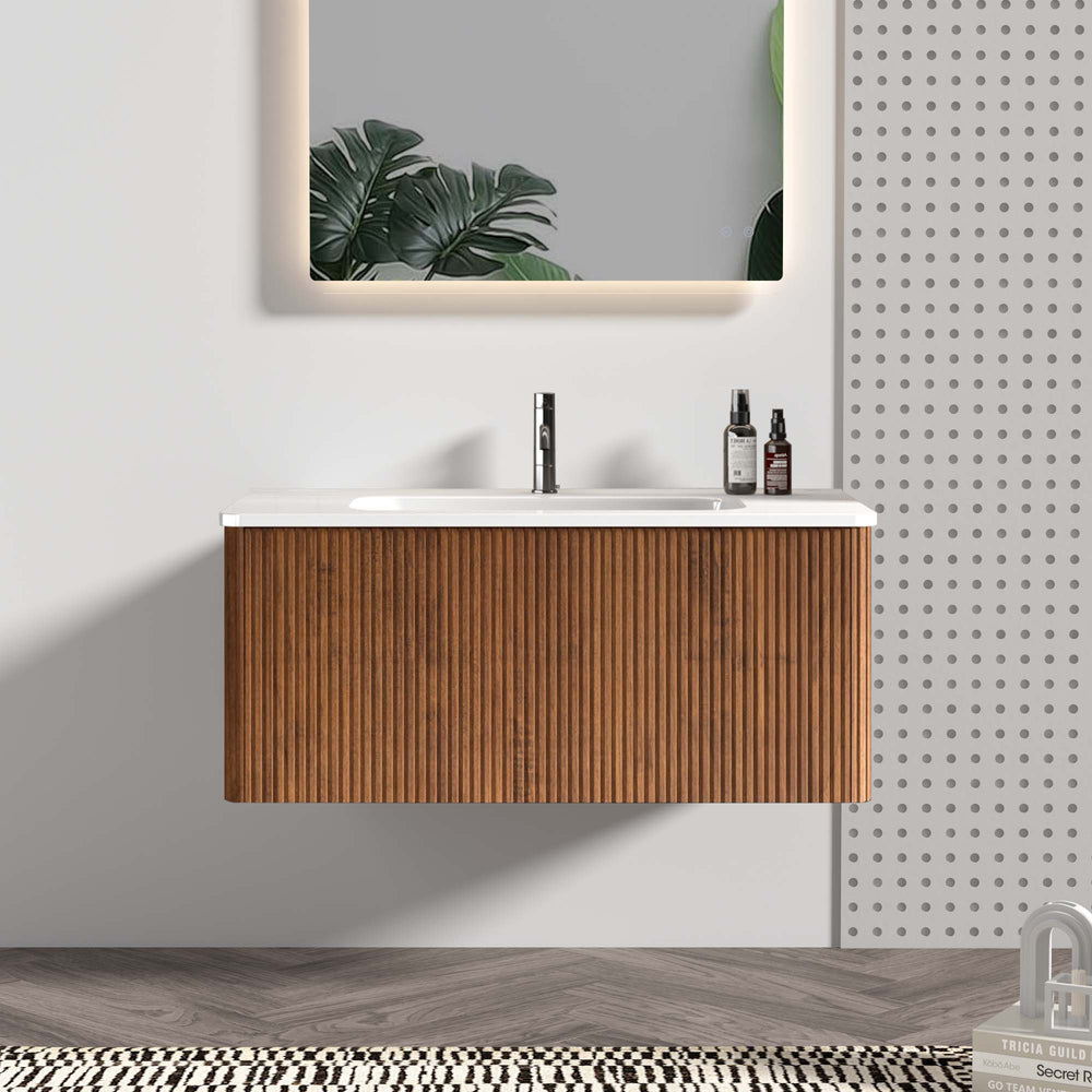 English Elm Etna 36" Striped Walnut Floating Bathroom Vanity with Glossy White Ceramic Sink, Push Drawer Storage W1865S00114