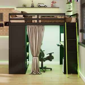 English Elm Full Size Wood Loft Bed with Wardrobe Desk Shelves Rgb Lighting and Blackout Curtains Black+Green LT000269AAF-1