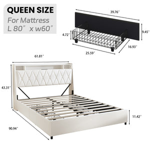 English Elm Queen Metal Platform Bed with Led Lighting Outlets Padded Headboard and Storage Shelf W3107S00005
