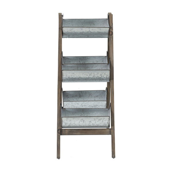 English Elm Farmhouse Foldable Ladder Planter with 5 Galvanized Buckets, Rustic Distressed Wood Vertical Garden Decor W2078P322239