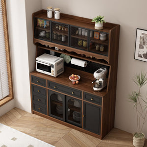English Elm Freestanding Buffet Hutch with Glass Doors Six Drawers and Built in Power Outlet W5389S00002