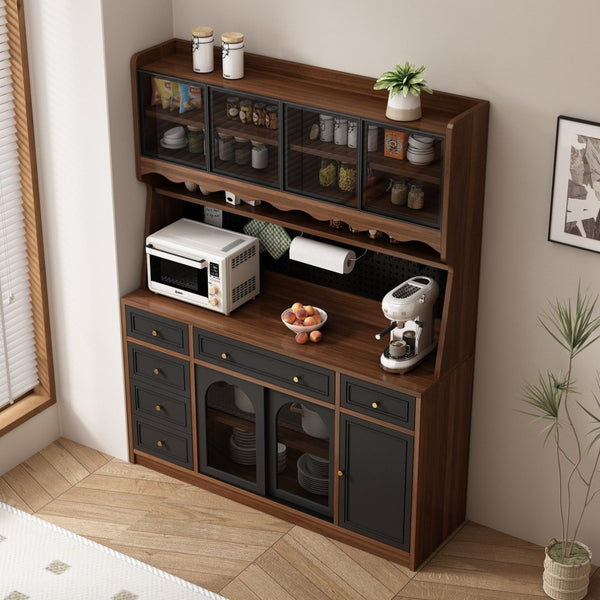 English Elm Freestanding Buffet Hutch with Glass Doors Six Drawers and Built in Power Outlet W5389S00002