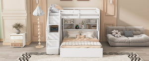 English Elm Twin Over Full Bunk Bed with Wardrobe Storage Stairs Shelves and Usb Charging White LT000292AAK