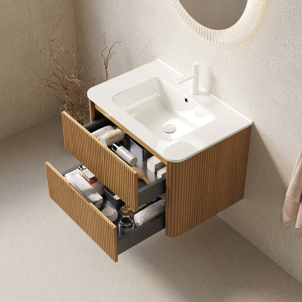 English Elm Noor Oak Veneer Floating Bathroom Vanity with Grooved Plywood Cabinet and Ceramic Basin W2615P380401