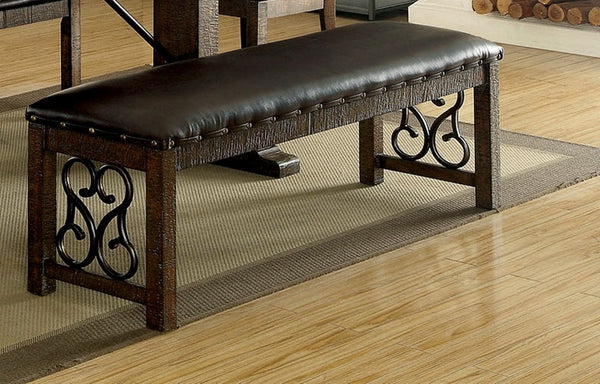 English Elm Traditional Brown Leatherette Bench with Metal Scrollwork and Nailhead Trim, Rustic Walnut Finish, 56" B011P246017