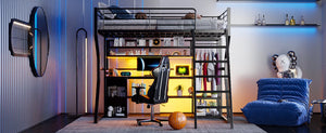English Elm Full Size Metal Gaming Loft Bed With Workstation, Led Lights, Storage Solutions & Open Wardrobe N7090000666B