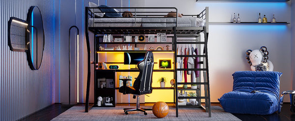 English Elm Full Size Metal Gaming Loft Bed With Workstation, Led Lights, Storage Solutions & Open Wardrobe N7090000666B