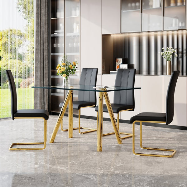 English Elm Tempered Glass Four Seat Dining Set with Chrome Sled Chairs for Modern Compact Spaces W3875S00048