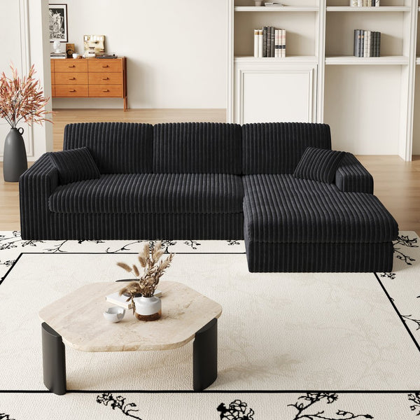 English Elm 114.5'Modern Corduroy Modular sofa with reversible chaise, slow-rebound foam cushions and versatile L-shape seating Black W834S00458