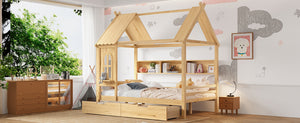 English Elm Full House Solid Wood Platform Bed with Window Roof, Under-Bed Drawers & Shelves for Kids' Rooms Natural W1580S00268