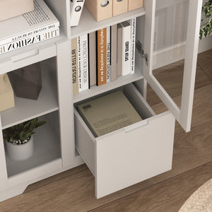 English Elm MDF Painted Storage Cabinet with Glass Doors, Drawer & Open Shelves, White Modern Buffet for Home W409P171460
