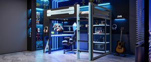 English Elm Full Size Loft Bed with Rgb Lighting Chevron Desk Usb Charging Ports and Storage Shelves Black+Blue LT000286AAC