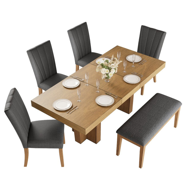 English Elm Topmax Farmhouse Extendable Rubberwood Dining Set Seats Six with Bench and Linen Chairs Brown+Gray N717S000089E