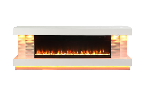 English Elm Contemporary TV Stand with Built-In Electric Fireplace, Heater, Glass Shelves & Modern Mixed-Material Finish White 75 L x 20 W x 31 H B2741P398850