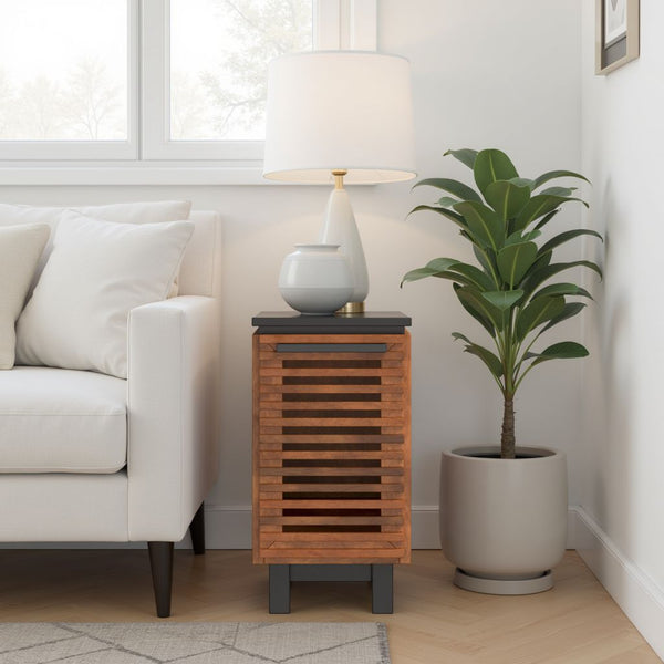 English Elm 13" Modern Chairside Table Black & Bourbon Finish — Scandinavian Poplar/Okume, Slatted Door, Ready-to-Use B108131542