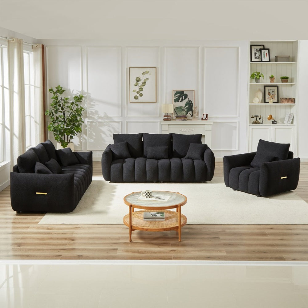 English Elm 1 Plus 3 3 Teddy Fleece Sofa Set with Pine Frame Seven Cushions for Living Rooms Black W1193S00183