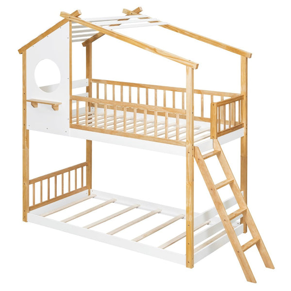 English Elm Twin Over Playhouse Bunk Bed Pinewood Fort Design with Roof and Safety Rails LT100008AAN-3