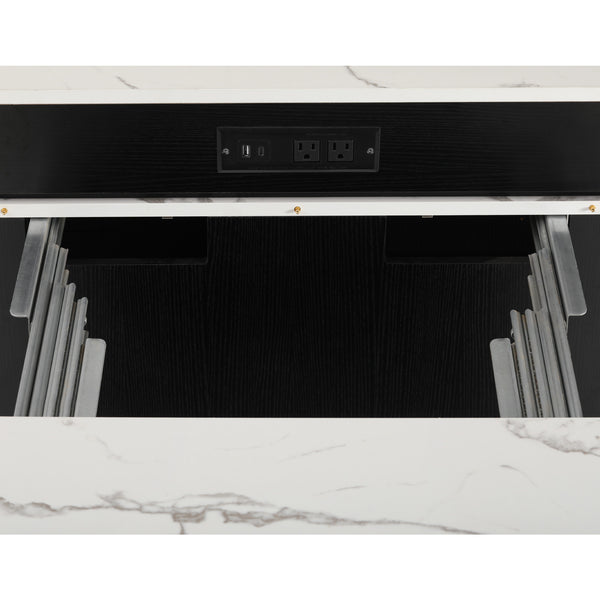 English Elm K&K Modern Extendable 59.5" Kitchen Island with Double-Sided Storage, Power Outlet & Casters Black N707S000017B