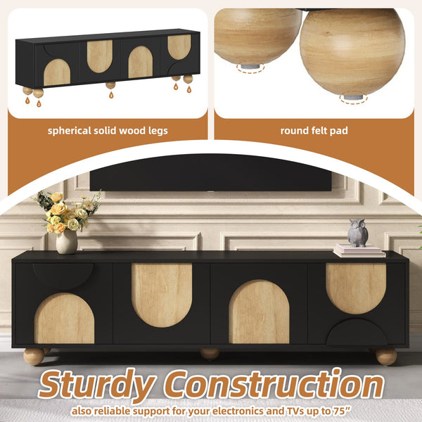 English Elm Farmhouse Arched TV Stand with Cable Management and Rebound Doors, 5 Solid Wood Legs, 75" TV Ready Black N721P288695B