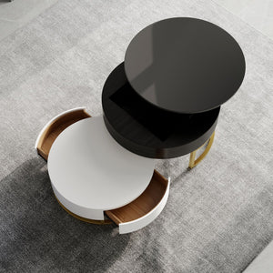 English Elm Dolce Round Lift-Top Wood Coffee Table with Convertible Heights and Sturdy Iron Frame, Modern Chic Black White B341S00041