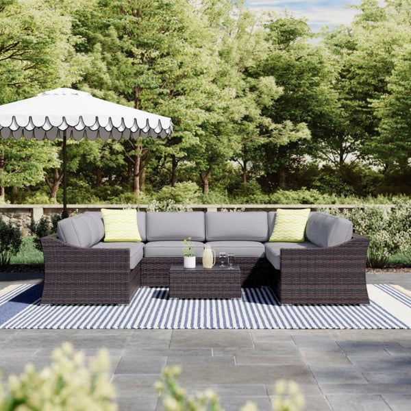 English Elm Fully Assembled Hdpe Wicker U-shaped Outdoor Sectional with Foam Cushions and Glass Table B120S00275