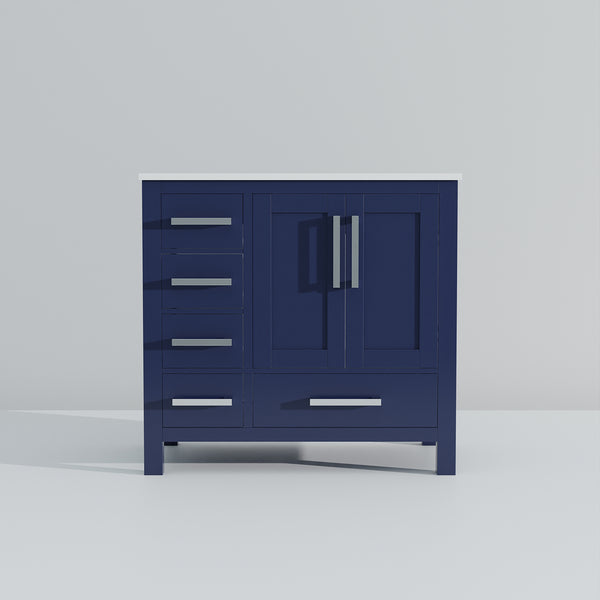 English Elm Navy Blue Bath Vanity 36" Wide With White Quartz Top, Soft-Close Drawers & Stylish Storage Solution B2731P258863