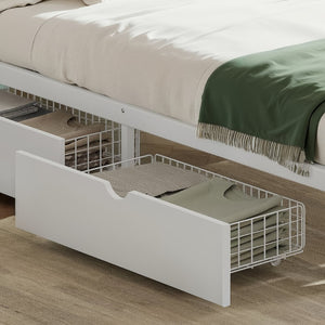 English Elm Queen Storage Platform Bed Low Profile Metal Frame with Built-in Drawers for Small Spaces Light White W5305P471354