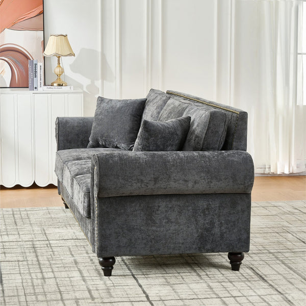 English Elm Modern Chenille 3+2 Seater Sofa with Rolled Arms, Velvet Touch, Nailhead Trim, Solid Wood Legs, Cozy Gray W3373S00021
