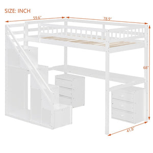 English Elm Twin Loft Bed with Staircase Desk Dual Drawers and Led Strip for Kids Rooms LT000257AAK