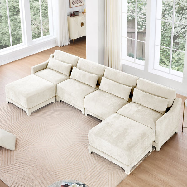 English Elm Four-Seater Chenille Sofa Set With Movable Ottoman, Ergonomic Lumbar Pillow, Modern Elegance In Beige W714S01236