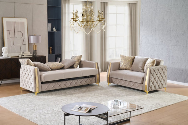 English Elm Lippa 2 Piece Quilted Polyester Sofa Set with Gold Steel Legs for Modern Living Taupe B009S02239