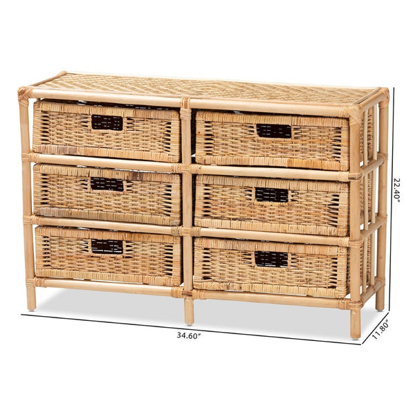 English Elm Modern Woven Rattan Six Drawer Cabinet Bohemian Storage for Bedroom or Living Room B2750P470040