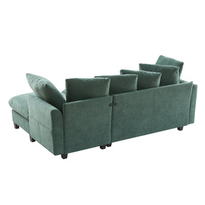 English Elm 83" Sectional Sofa with Hidden Storage, Movable Ottoman Bed, Ergonomic Curved Arms & Six Pillows Green N719S001960F