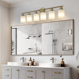 English Elm 6-Light Golden Bathroom Vanity Light Fixture, Frosted Glass Shades, Modern Wall Mounted Lighting (No Bulbs)