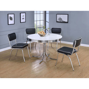 English Elm Marla Mid-Century 5-Piece Dining Set White & Chrome with Round Table and Upholstered Black Chairs B062S01023