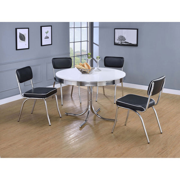 English Elm Marla Mid-Century 5-Piece Dining Set White & Chrome with Round Table and Upholstered Black Chairs B062S01023
