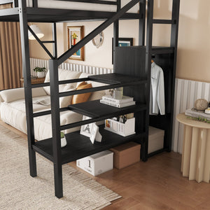 English Elm Twin Twin Size Loft Bed with Stairs and Built-In Shelves, Metal High Loft with Wardrobe for Kids Teens Black W2580S00035