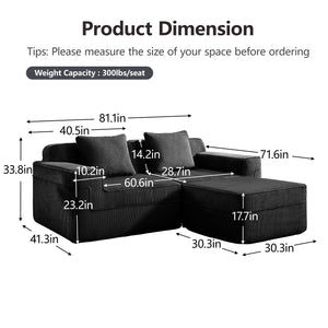 English Elm Modular 2-Seat L-Shape Sectional Sofa, Plush Corduroy Couch With Movable Ottoman & Throw Pillows W3041S00323