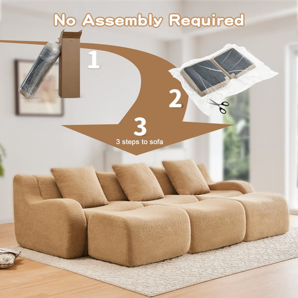 English Elm Three-Seat Modular Sofa with Plush Teddy Fabric, No Assembly, Ergonomic Curved Armrests & Non-Slip Base Camel W714S01434