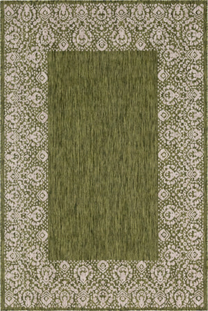 Unique Loom Outdoor Border Floral Border Machine Made Floral Rug Green, Ivory/Gray 6' 1" x 9' 0"