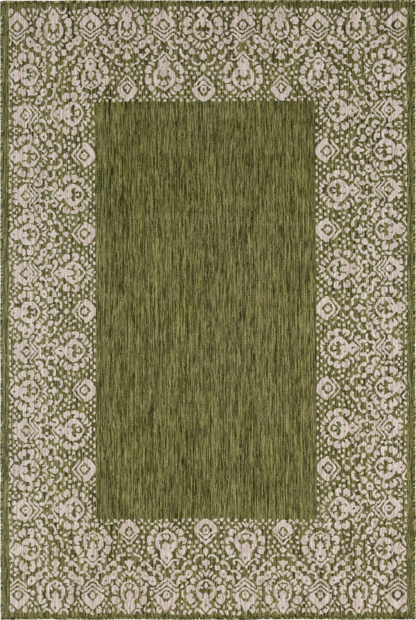 Unique Loom Outdoor Border Floral Border Machine Made Floral Rug Green, Ivory/Gray 6' 1" x 9' 0"
