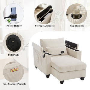 English Elm Convertible Chaise Lounge Sofa Bed With Usb Ports, Cup Holders & Storage For Stylish Comfort N719S002021A