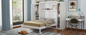 English Elm Queen Murphy Bed with 2 Wardrobes & Foldable Platform, Space-Saving White Queen Bedframe 650lbs N733S339767K
