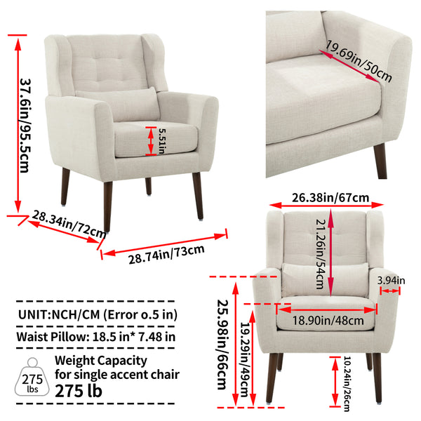 English Elm Modern Accent Chair Chenille Upholstered Foam Seat Ergonomic Padded Lounge Armchair with Wood Legs — Beige, Mid-Century Comfort for Living Room W1028122699