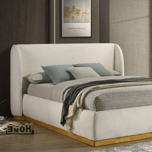 English Elm 1pc Eastern King Boucle Wingback Platform Bed Gold Plinth Base Modern Bedroom B2741S00840